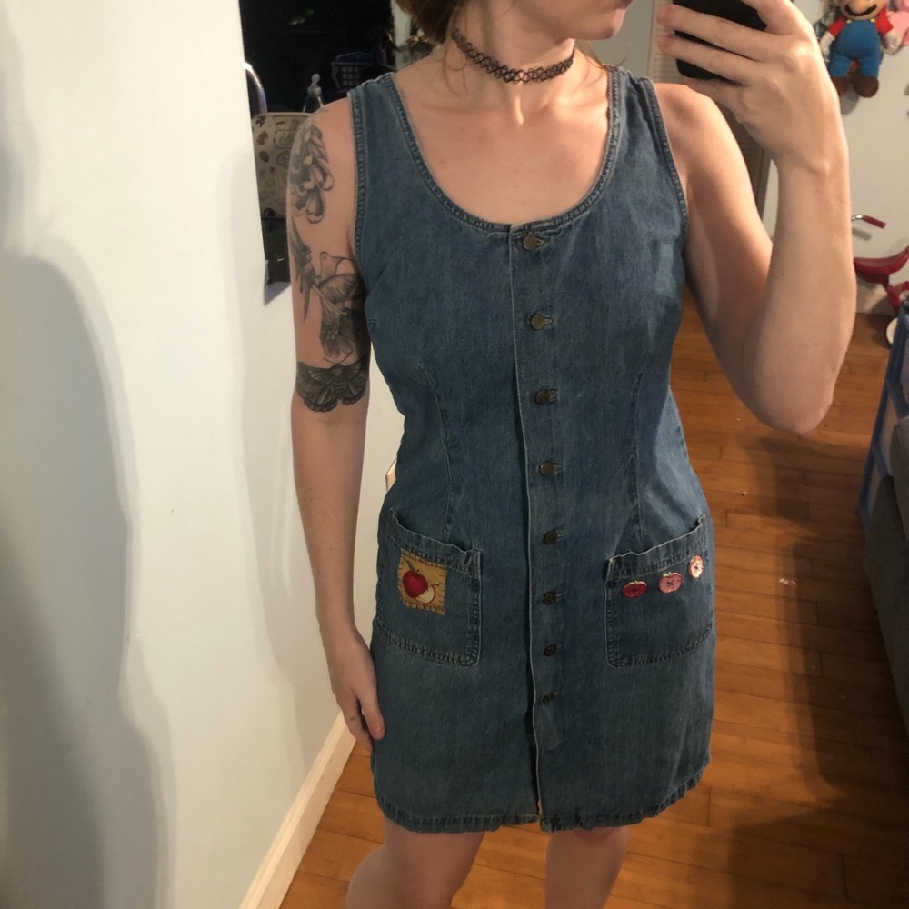 Old Navy denim mini dress with cute pockets, apple patches and button up front